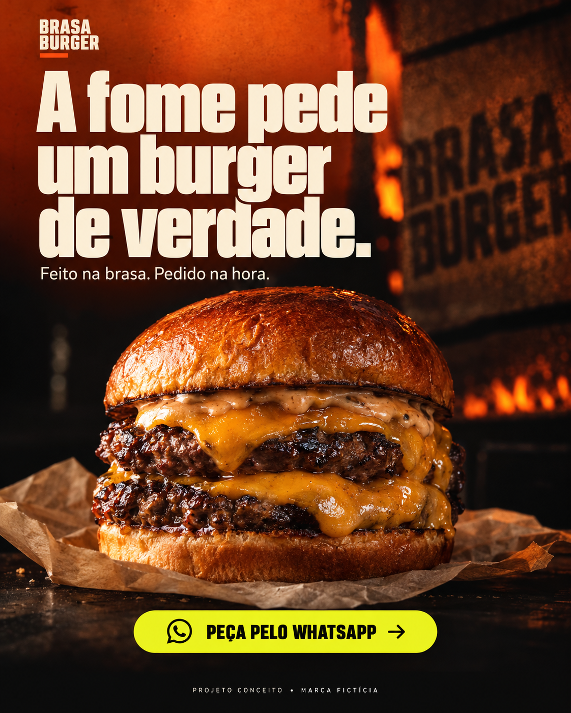 Exemplo conceitual de post Brasa Burger, com imagem de hambúrguer e chamada para pedido no WhatsApp.