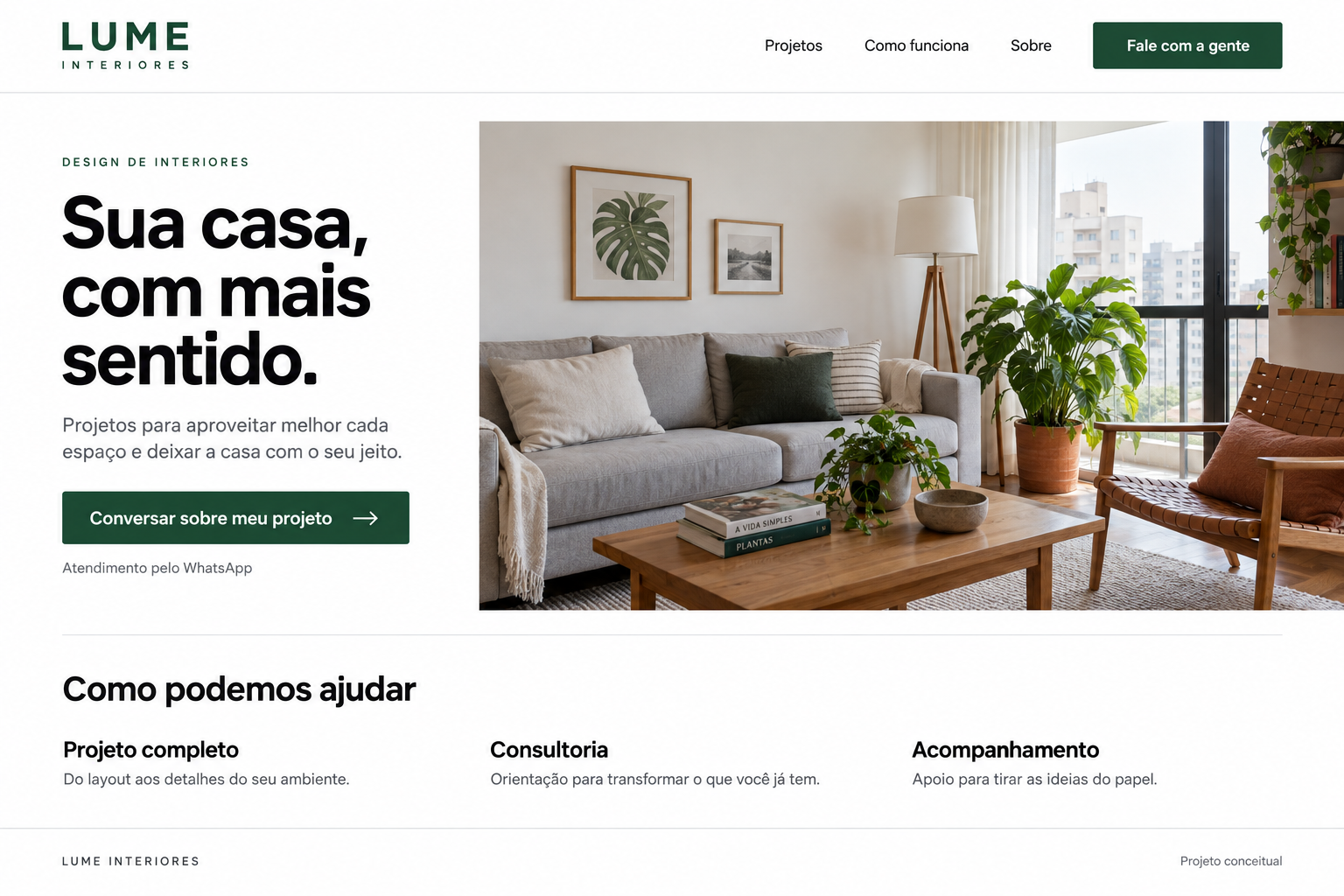 Exemplo conceitual de site Lume Interiores, com apresentação dos serviços e botão de contato.